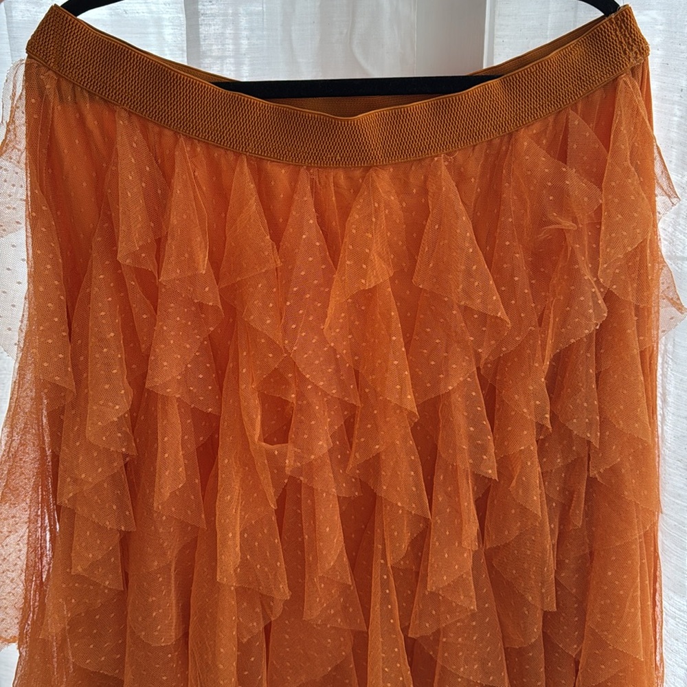 New Anthropologie Cheri Ruffle Tulle Elastic Waist Orange Preppy Midi Skirt XL - Picture 11 of 11